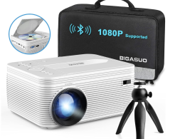BIGASUO HD 9000L Bluetooth Projector Built in DVD Player, Mini Outdoor Movie Projector 1080P and 250”Supported with Tripod and Carry Bag, Compatible w/ TV Stick, PS5, Laptop